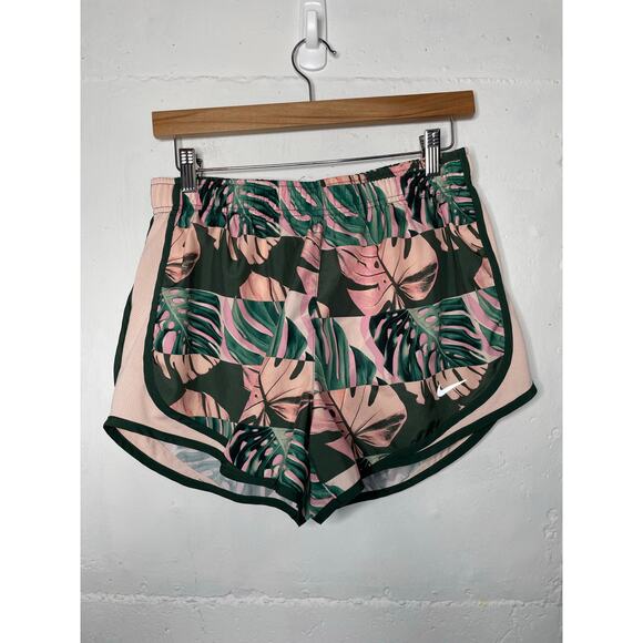 Nike Dri-Fit Womens Athletic Running Shorts Size Medium Pink Palm Leaves - Picture 1 of 6